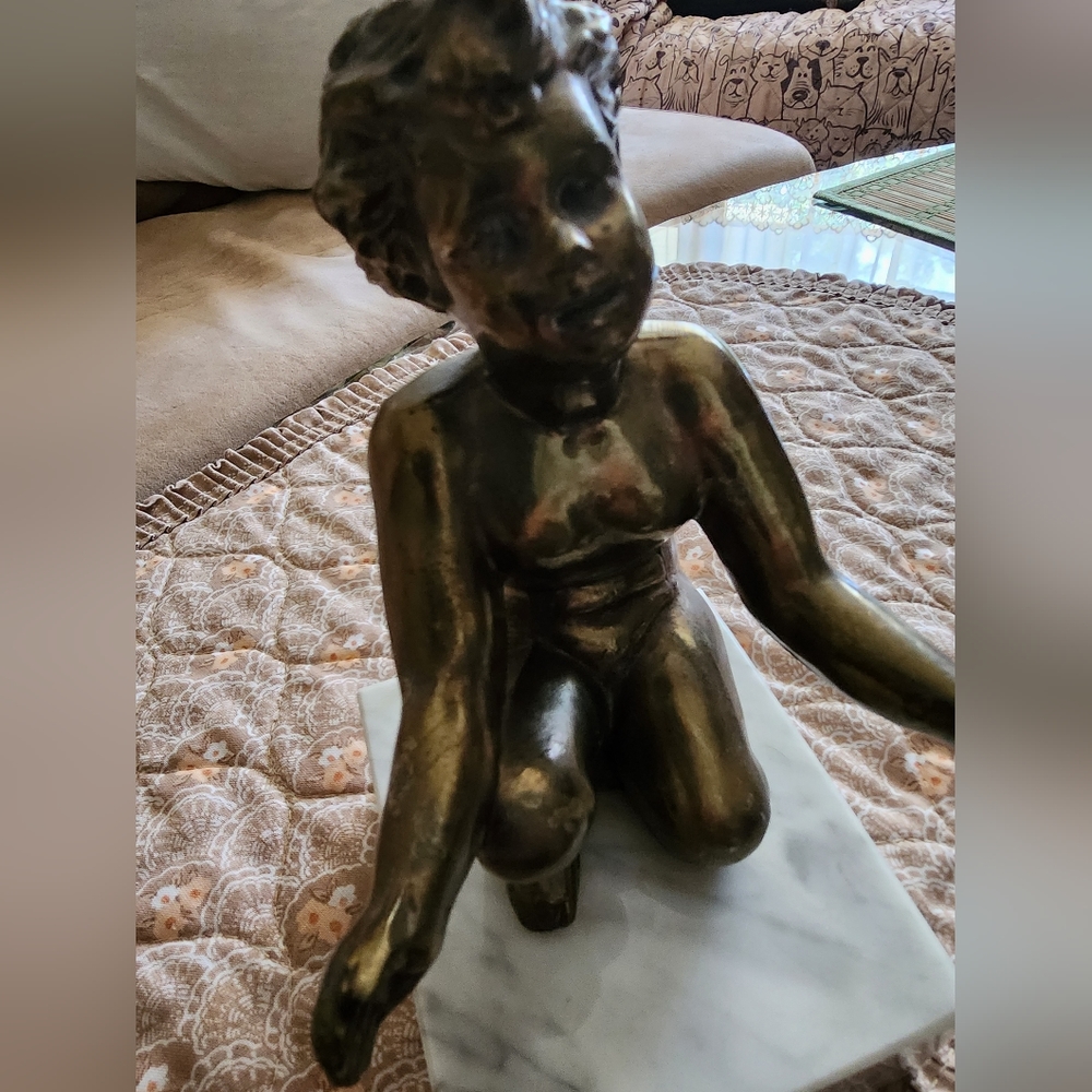 Heavy Solid Brass/ Bronze Child/ Cherub Figure Bookend - Picture 9 of 10